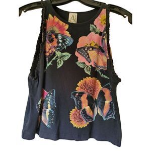 American Age Women's Butterfly Crop Tank Top Sleeveless‎ Black Pink Size M